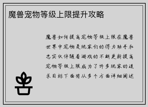魔兽宠物等级上限提升攻略